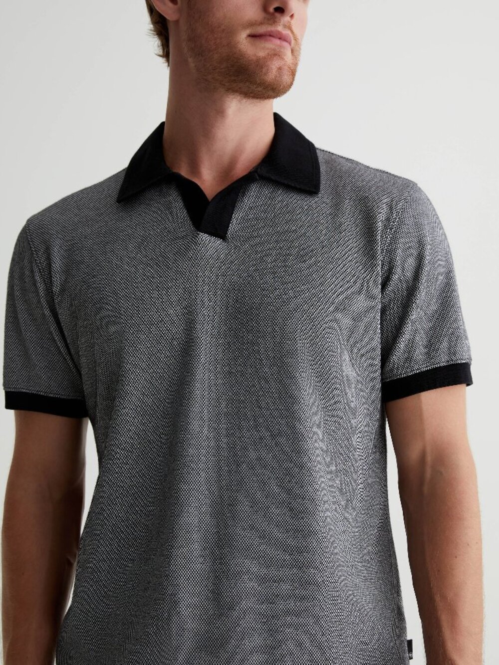 AG Jeans Bryce Johnny Collar Mini Check Ivory Dust/True Black Large Polo Shirt
